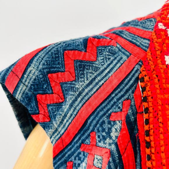 Vintage Hmong Indigo Blue Neon Red Embroidered Cotton Tribal Vest - Picture 4 of 9